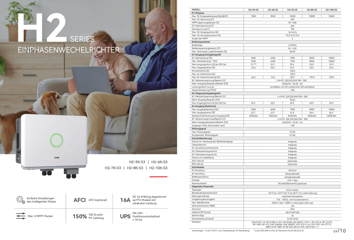 Komplett-Set SAJ: Hybrid-Wechselrichter H2-10K-T2 10kW + Stromspeicher 2x BU-5,0-HV5 + BMS