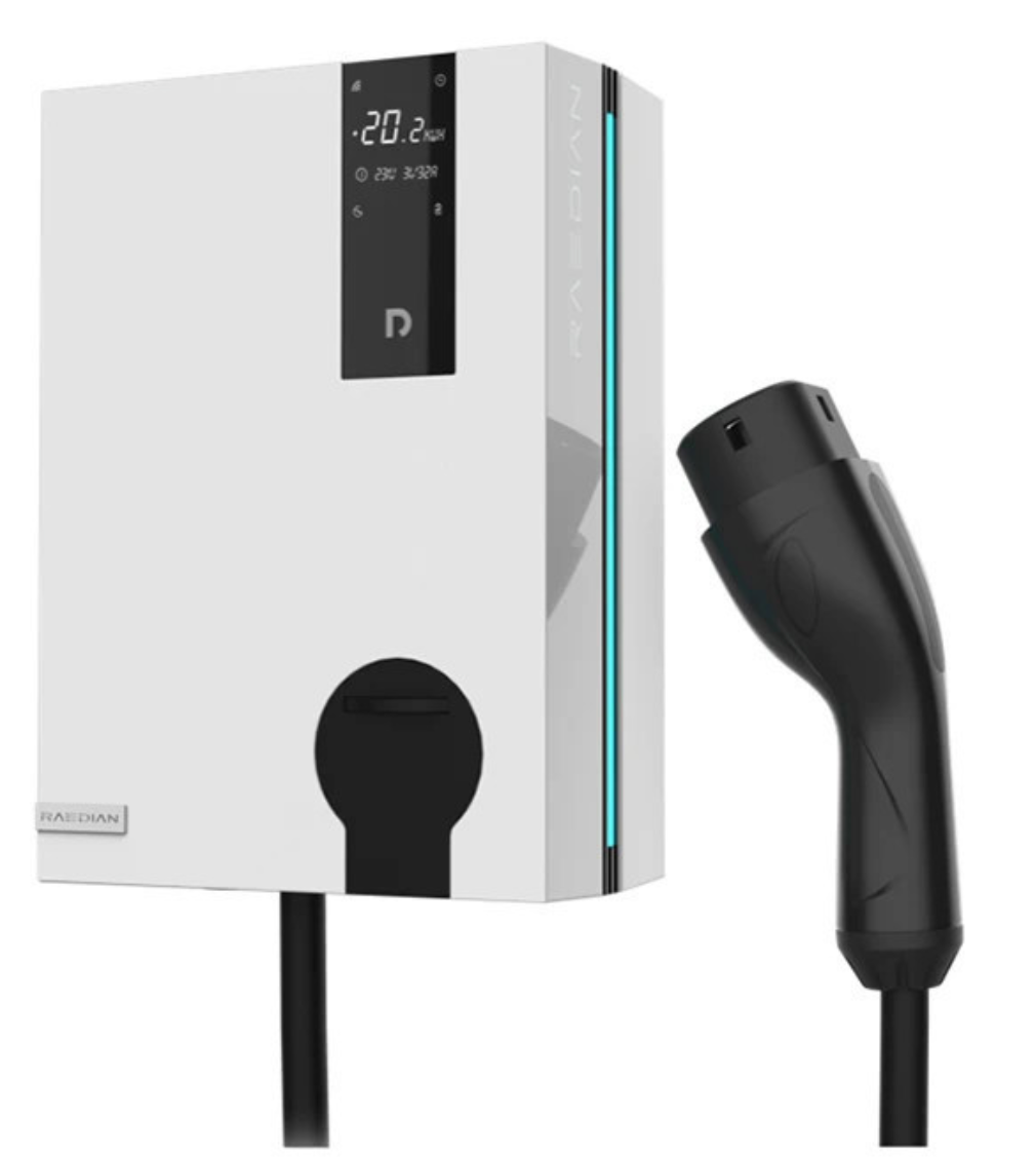 Raedian NEO 22-T5 AC Wallbox - Elektroauto-Wandladegerät | 22 kW - 1x32A | Typ 2-Kabel | Steuerung über Anwendung und RFID-Karte (reduzierbar auf 11KW)