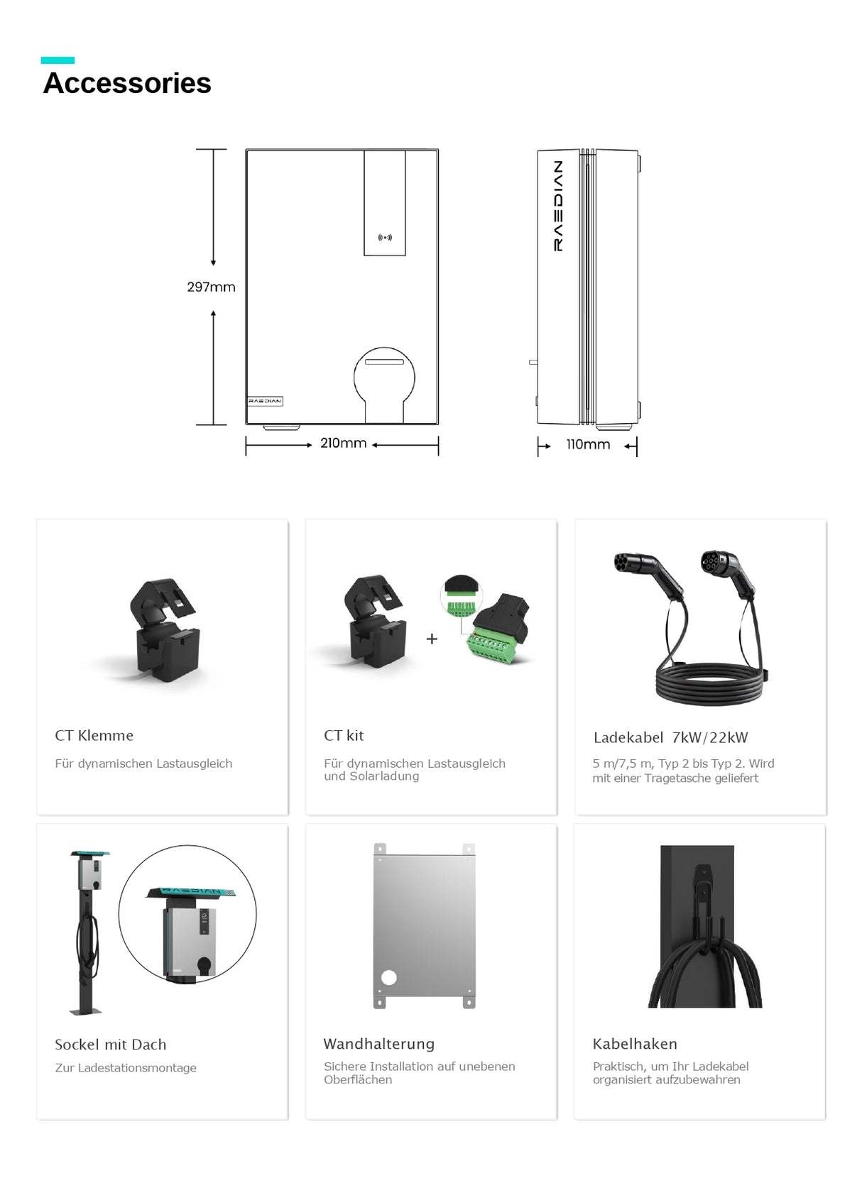 Raedian NEO 22-T5 AC Wallbox - Elektroauto-Wandladegerät | 22 kW - 1x32A | Typ 2-Kabel | Steuerung über Anwendung und RFID-Karte (reduzierbar auf 11KW)