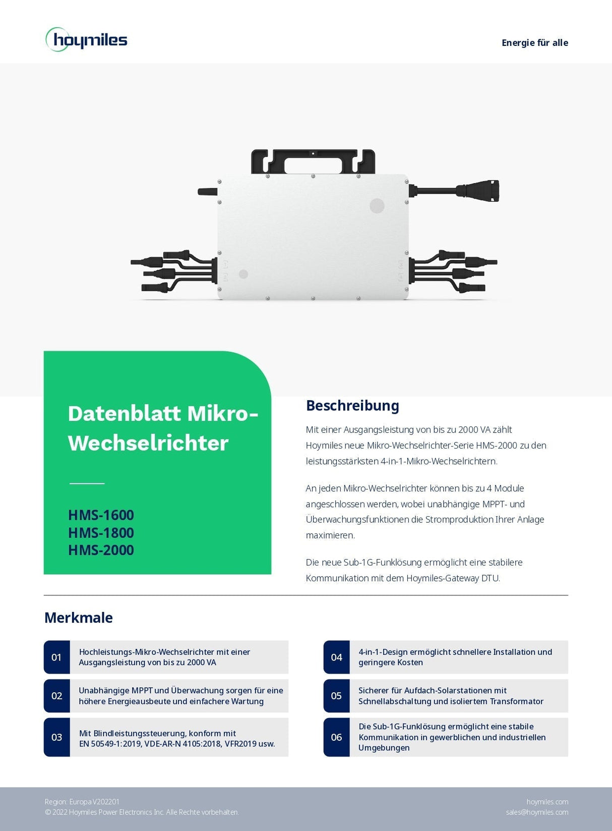 Balkonkraftwerk Set : Mikro-Wechselrichter HOYMILES HMS-1600-4T (Reduktion auf 800W möglich) + TOPCON BIFACIAL FB PV-Module 1760W