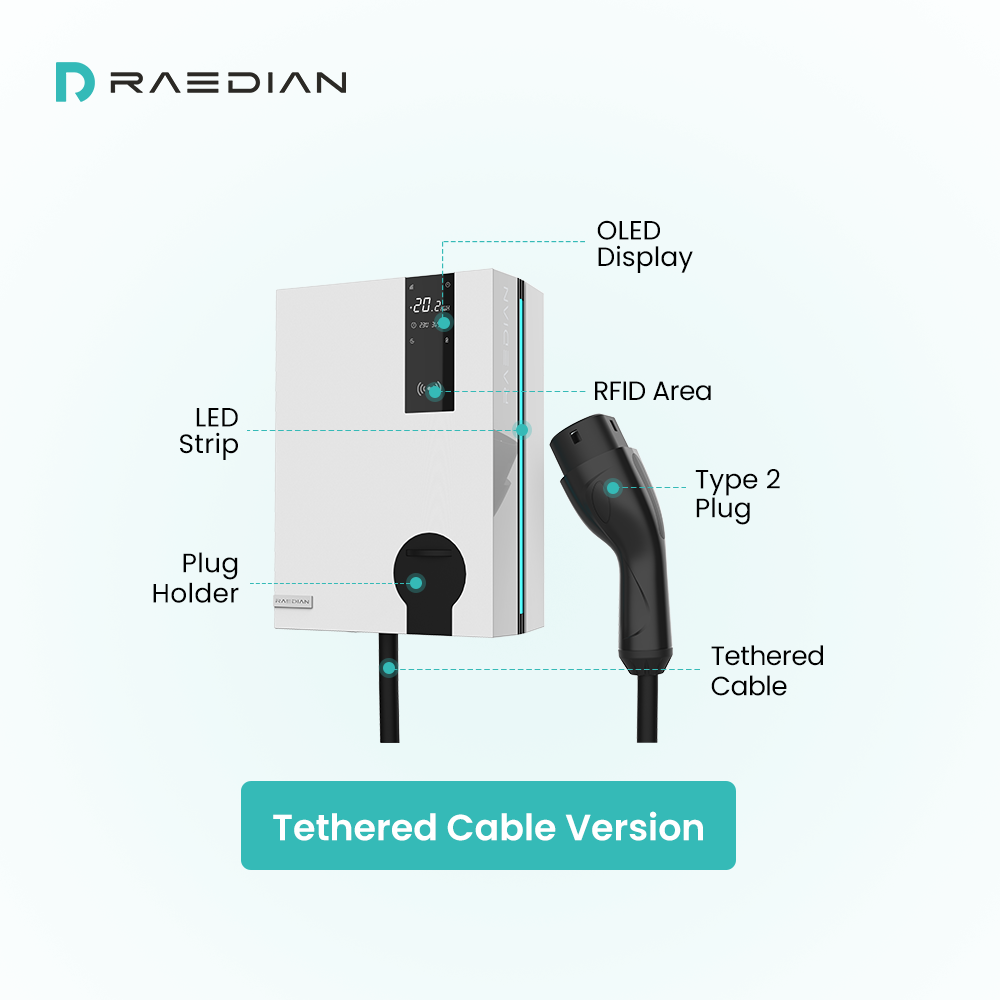 Raedian NEO 22-T5 AC Wallbox - Elektroauto-Wandladegerät | 22 kW - 1x32A | Typ 2-Kabel | Steuerung über Anwendung und RFID-Karte (reduzierbar auf 11KW)