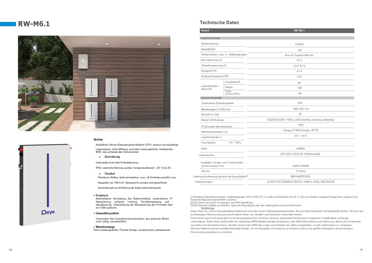 Deye Stromspeicher LiFePO4 RW-M6.1-B für Wandmontage 6,14kWh